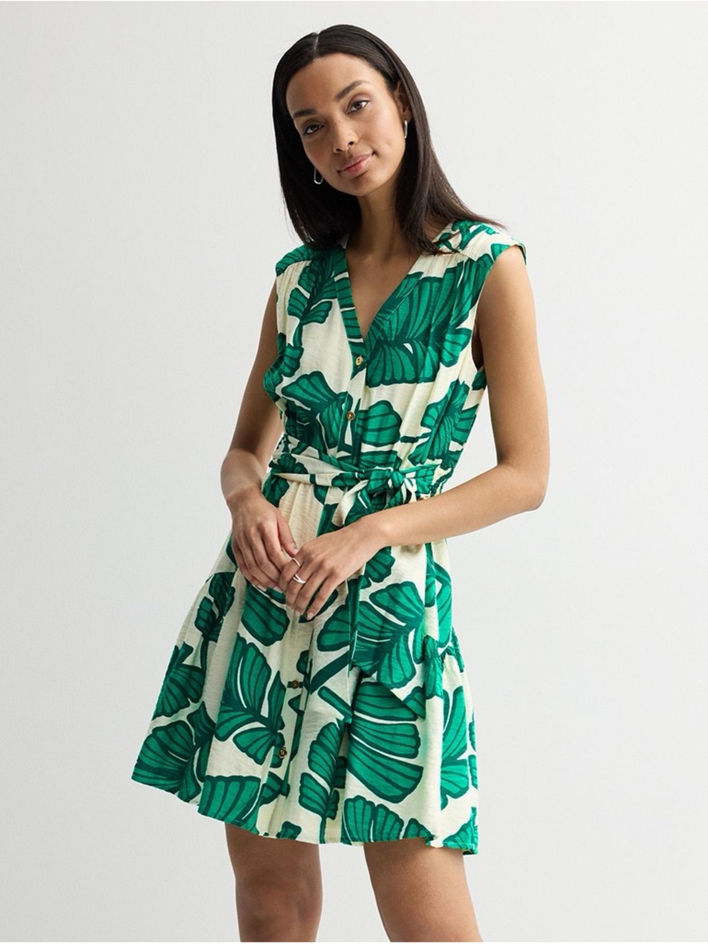 Nine West Green Lili Palms Button Front Mini Dress—XL Women’s